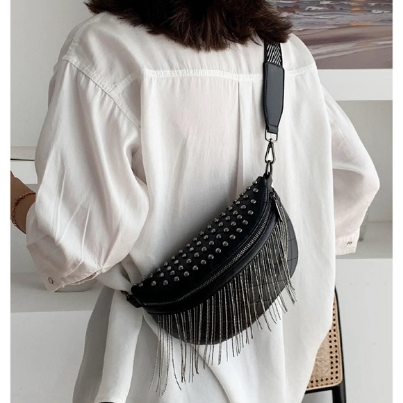 Luxe Black Vegan Leather Zipper Studded Fringe Fanny Pack Crossbody Bum Bag - Picture 2 of 5